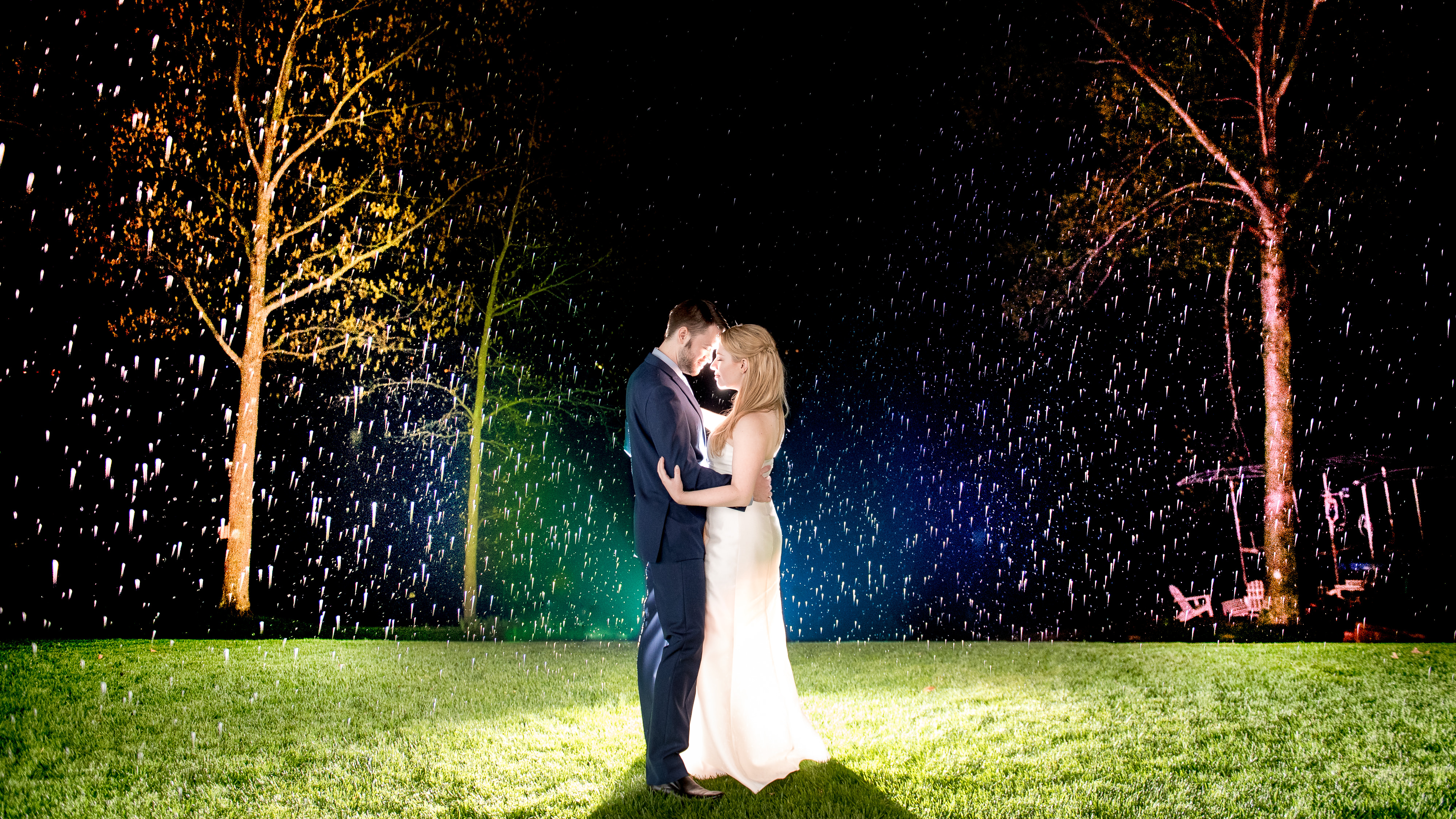 Rainbow rain backlit wedding portrait