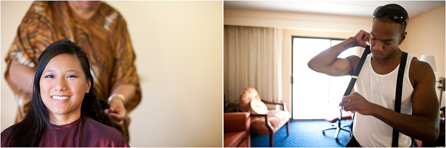 Bride and groom getting ready in hotel rooms