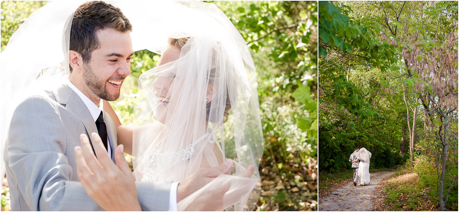 Depauw-Nature-Park-Wedding-Photography-Emily-Ryan-07 Bride's veil blowing in wind causing a funny scene