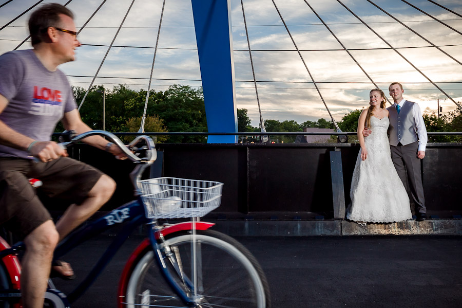 Funny bicycle wedding photo on Bloomington's b-line trail