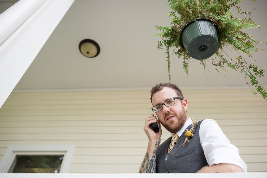 Hilarious photo of groom on walkie-talkie at wedding ceremony in Louisville