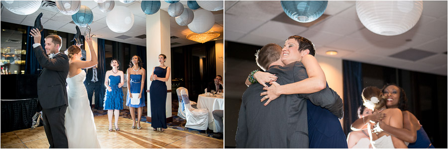 Shoe game and big hugs on the dance floor at elegant and fun Indiana wedding