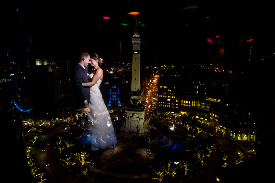 Stunning and epic portrait of wedding couple in front of Monument Circle Indianapolis