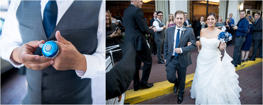 Bike bell wedding exit at quirky bike themed wedding in Indianapolis