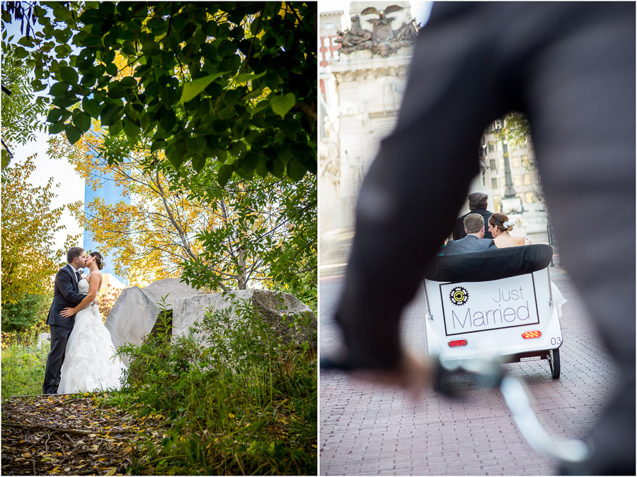 Sweet wedding moment with bride and groom in bike cab at Monument Circle in Indy