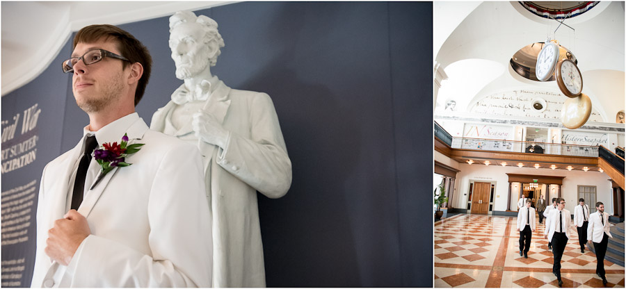 Funny portrait of groom with Abraham Lincoln at Indiana Historical Society ballroom