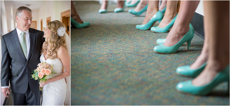 Indianapolis-Purgatory-Golf-Club-Noblesville-Wedding-Photography-Steph-Drew-04 Sweet father daughter moment and bright aqua shoes at teal and grey wedding in Indiana
