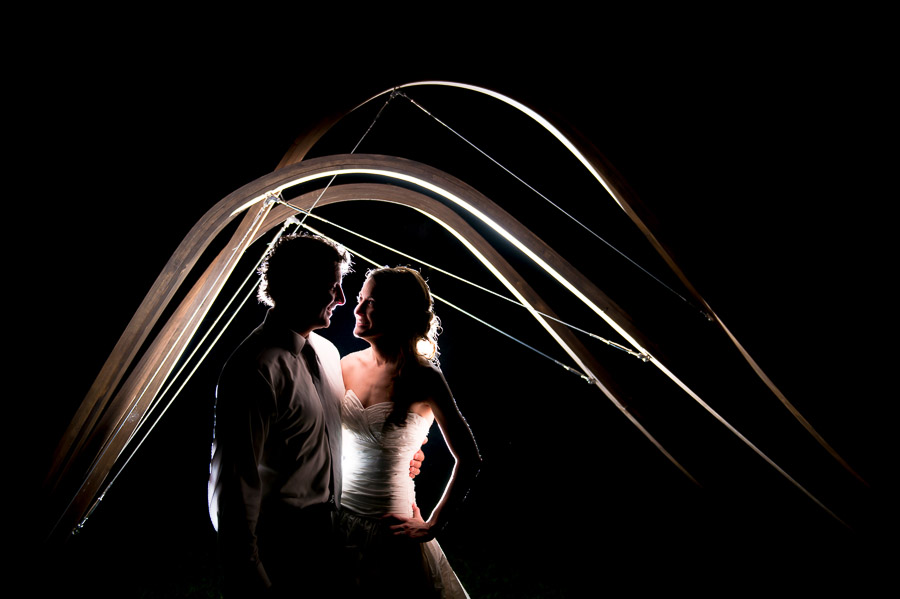 quirky, architectural wedding portrait with DIY ceremony arch gable
