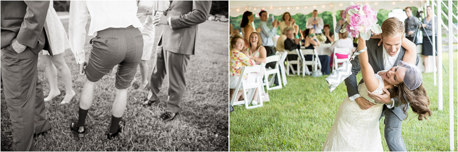 funny photos of moments of dance dip at wedding reception at Trader's Point Hunt Club
