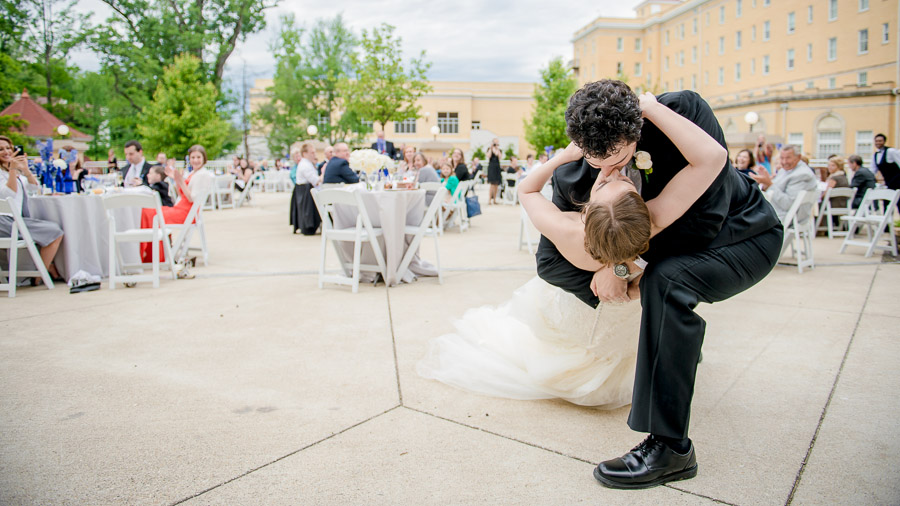 French-Lick-Springs-Hotel-Fun-Wedding-Photography-Heather-Alex-10 First dance dip at French Lick Terrace