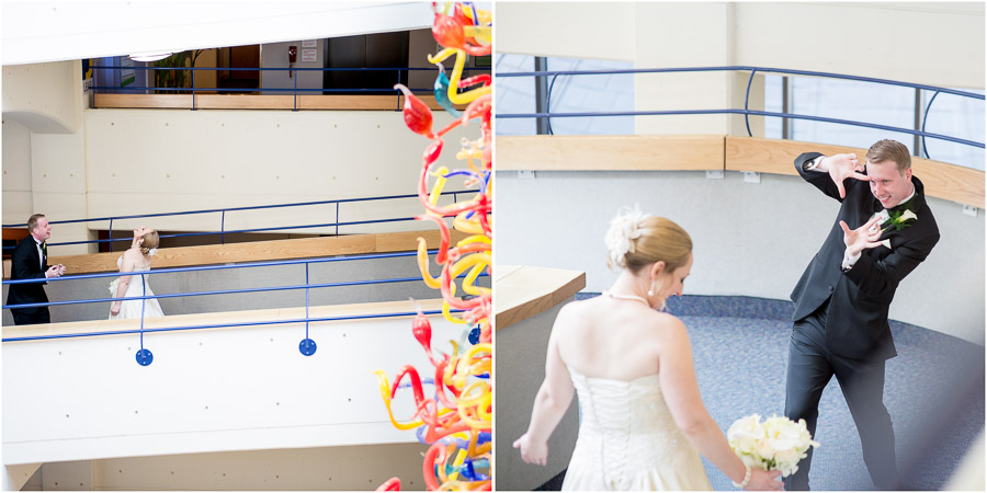 Indianapolis-Childrens-Museum-Wedding-Photography-Rebecca-Nathan-05 Awesome first look reaction by groom at Indy Children's Museum wedding