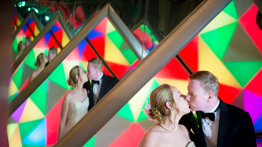 Indianapolis-Childrens-Museum-Wedding-Photography-Rebecca-Nathan-07 Awesome wedding portrait with mirrors and lots of colors