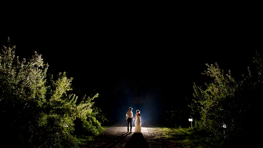 dramatic and epic nighttime wedding portrait in apple orchard in Indiana