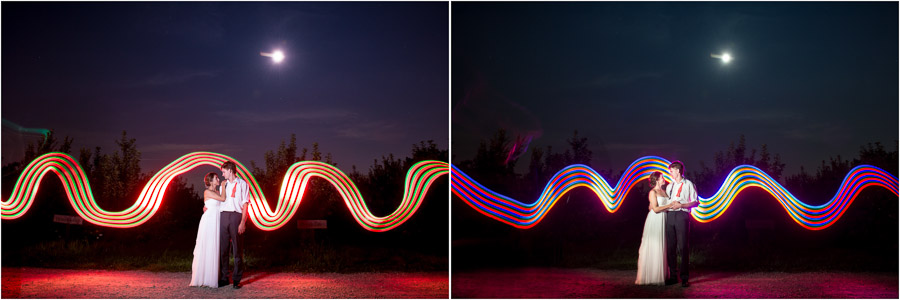 fun, colorful, nighttime, outdoor wedding portraits with light painting