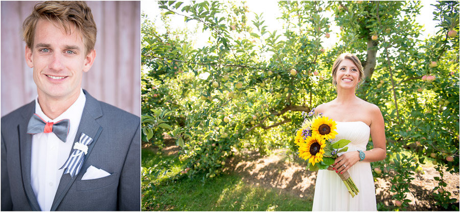 Bright, fun, happy, bridal portraits in apple orchard in Indiana