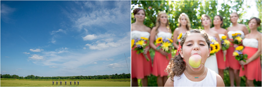 Unique, quirky, and fun wedding party photos in apple orchard in Indiana