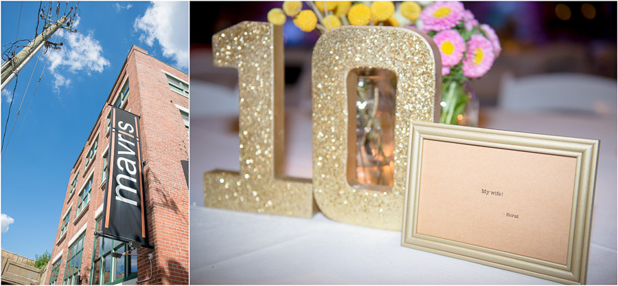 mavris-art-center-wedding-photography-indianapolis-indiana-jaimie-kevin-03 Hilarious and sparkly, glitter, Borat quotes table numbers and decor at Mavris Art Center wedding
