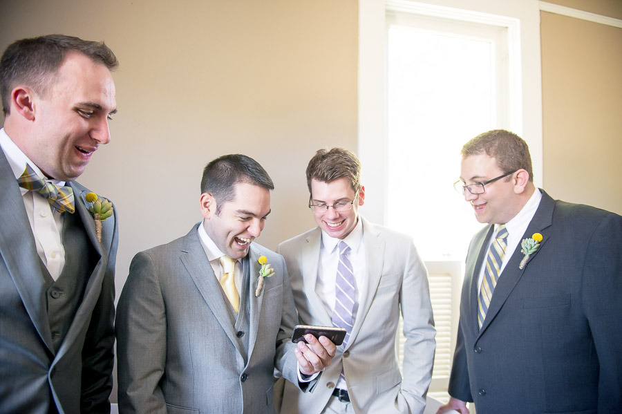 mustard-seed-gardens-wedding-photography-indiana-jen-tyler-04 Groomsmen and groom laughing and having fun before wedding ceremony in Noblesville Indiana