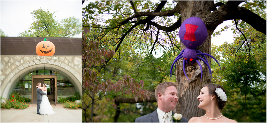 Indianapolis-Marriott-North-Indiana-Wedding-Ashleigh-Jake-05 spooky spider and pumpkin with bride and groom at October wedding in Indianapolis