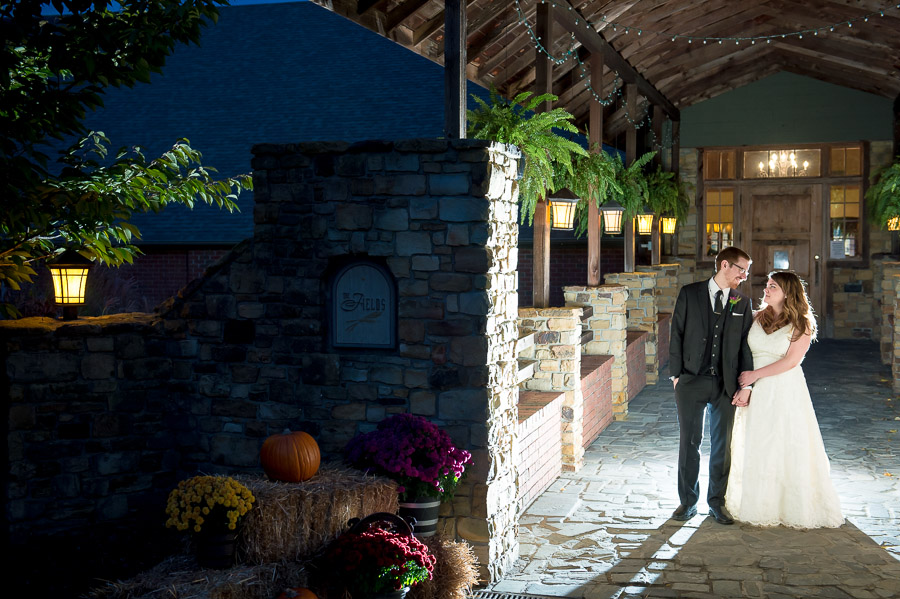 dramatic and fun nighttime wedding portraits at The Fields in Bloomington, IN