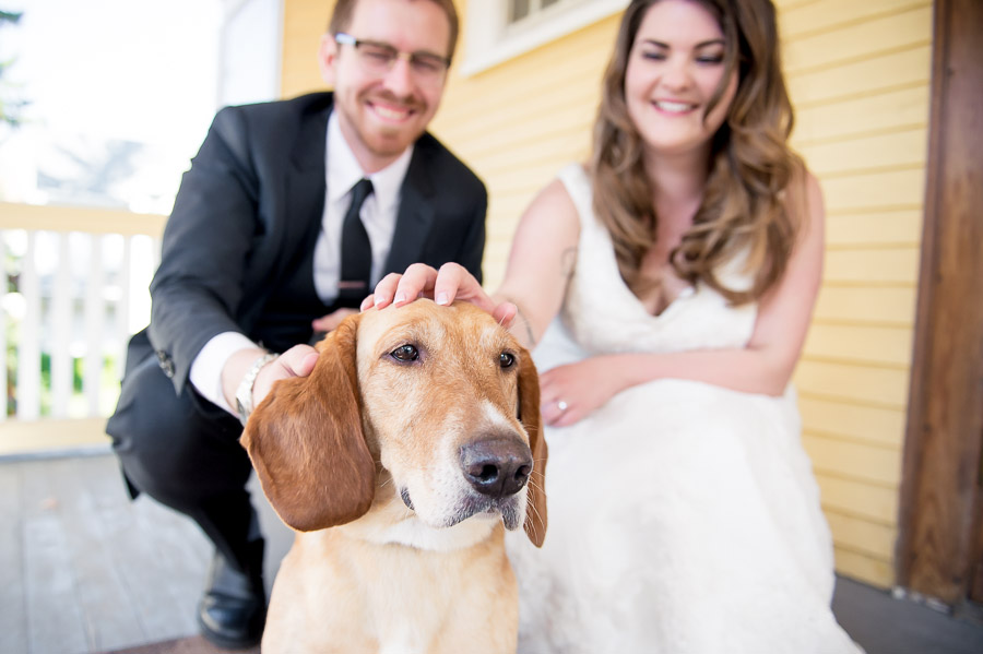 sweet bride and groom first look with adorable dog in Bloomington, Indiana