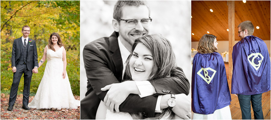 fun, smiley, happy bride and groom wearing capes at wedding at The Fields in Bloomington, IN