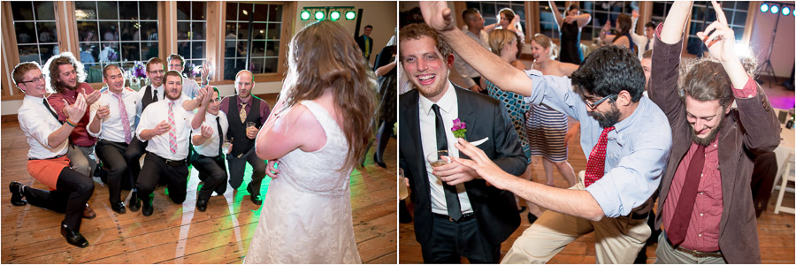 Bride gets serenaded and funny dudes on the dance floor at southern Indiana wedding