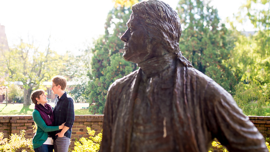 colonial-williamsburg-william-and-mary-college-engagement-photography-megan-will-09 Silly and quirky engagement photo with Thomas Jefferson statue on William and Mary campus