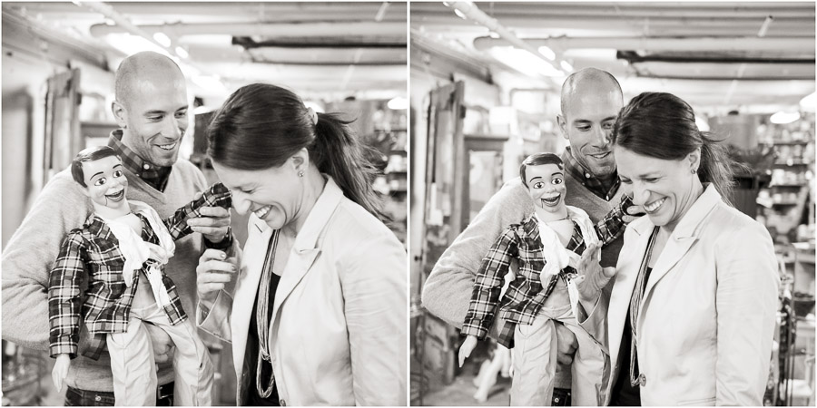 downtown-bloomington-indiana-engagement-photography-az-vintage-michele-zach-06 Funny and creepy engagement photos with ventriloquist dummy at Bloomington Antique Mall