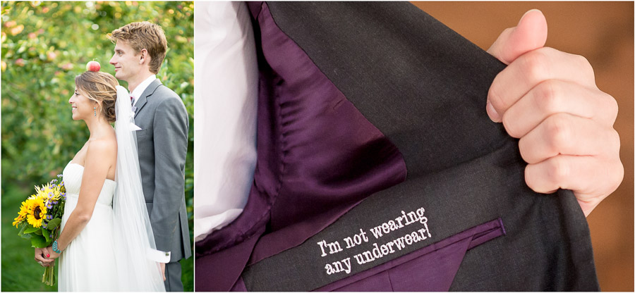 Bloomington-Indianapolis-Wedding-Photographers-2013-Favorite-Photos-of-the-Year-56 Very funny portrait of bride and groom at apple orchard wedding and best monogram ever in jacket!