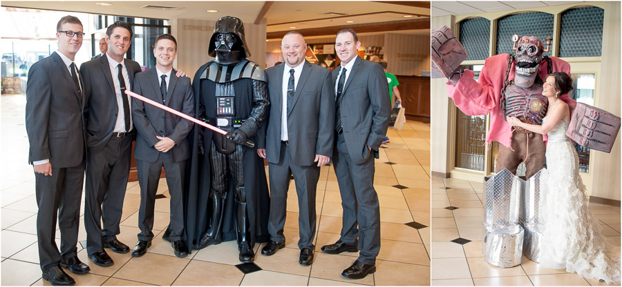 Bloomington-Indianapolis-Wedding-Photographers-2013-Favorite-Photos-of-the-Year-58 Hilarious groom portrait with Darth Vader and bride with Frankenberry at Louisville comic con.