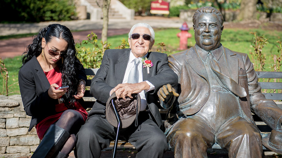 Bloomington-Indianapolis-Wedding-Photographers-2013-Favorite-Photos-of-the-Year-60 Portrait of wedding guests with Herman B. Wells statue on IU campus by TALL + small Photography