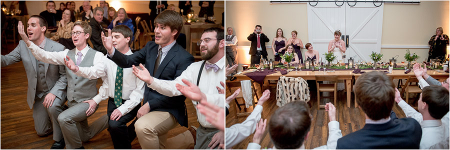 Very sweet groom and friends singing to bride at King Family Vineyard winter wedding