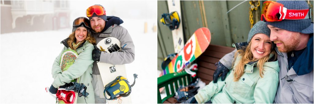 Couple cozying up in their snowboard gear.