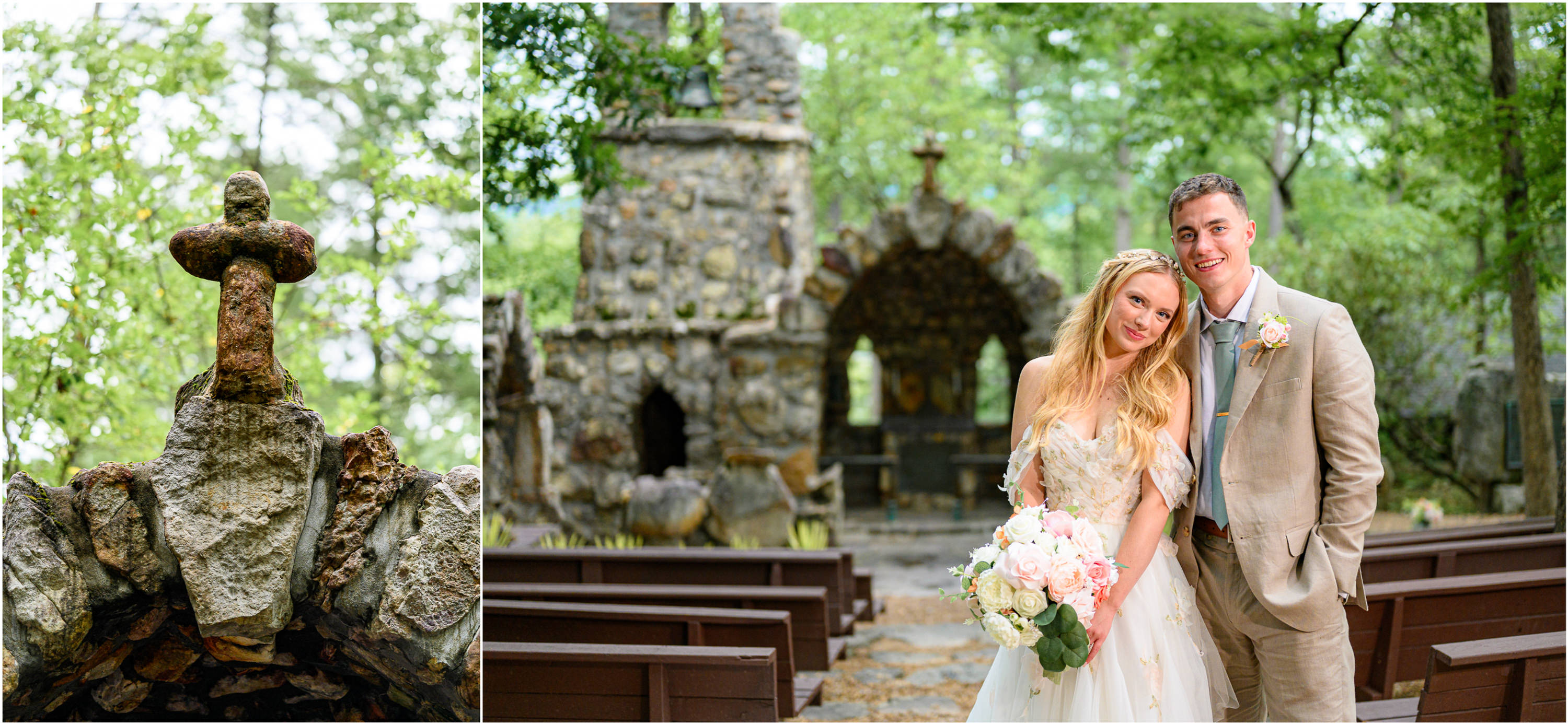Bride and groom standing in front of Shrine Mont